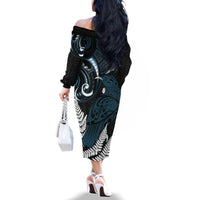 New Zealand Tui Bird Family Matching Off The Shoulder Long Sleeve Dress and Hawaiian Shirt Maori Kowhaiwhai LT7 - Polynesian Pride