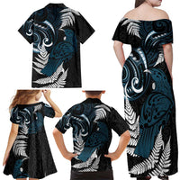 New Zealand Tui Bird Family Matching Off Shoulder Maxi Dress and Hawaiian Shirt Maori Kowhaiwhai LT7 - Polynesian Pride
