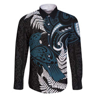 New Zealand Tui Bird Family Matching Short Sleeve Bodycon Dress and Hawaiian Shirt Maori Kowhaiwhai LT7 Dad's Shirt - Long Sleeve Teal - Polynesian Pride