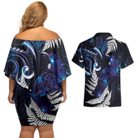 New Zealand Maori Matariki Couples Matching Off Shoulder Short Dress and Hawaiian Shirt Tui Bird Galaxy LT7 - Polynesian Pride