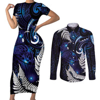 New Zealand Maori Matariki Couples Matching Short Sleeve Bodycon Dress and Long Sleeve Button Shirt Tui Bird Galaxy LT7 Galaxy - Polynesian Pride