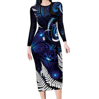 New Zealand Maori Matariki Family Matching Long Sleeve Bodycon Dress and Hawaiian Shirt Tui Bird Galaxy LT7 Mom's Dress Galaxy - Polynesian Pride