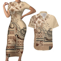 Vaiaso o le Gagana Samoa Couples Matching Short Sleeve Bodycon Dress and Hawaiian Shirt Siapo Motif Beige LT7 Beige - Polynesian Pride