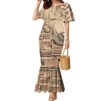 Vaiaso o le Gagana Samoa Family Matching Mermaid Dress and Hawaiian Shirt Siapo Motif Beige LT7 Mom's Dress Beige - Polynesian Pride