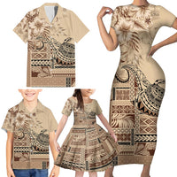Vaiaso o le Gagana Samoa Family Matching Short Sleeve Bodycon Dress and Hawaiian Shirt Siapo Motif Beige LT7 - Polynesian Pride