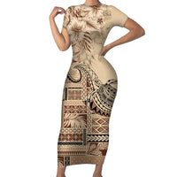 Vaiaso o le Gagana Samoa Family Matching Short Sleeve Bodycon Dress and Hawaiian Shirt Siapo Motif Beige LT7 Mom's Dress Beige - Polynesian Pride
