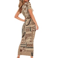 Vaiaso o le Gagana Samoa Family Matching Short Sleeve Bodycon Dress and Hawaiian Shirt Siapo Motif Beige LT7 - Polynesian Pride