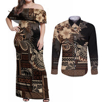 Vaiaso o le Gagana Samoa Couples Matching Off Shoulder Maxi Dress and Long Sleeve Button Shirt Siapo Motif Black