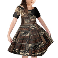 Vaiaso o le Gagana Samoa Family Matching Mermaid Dress and Hawaiian Shirt Siapo Motif Black LT7 Daughter's Dress Black - Polynesian Pride
