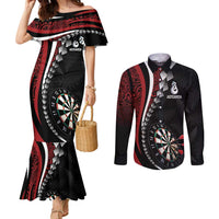 Personalized New Zealand Darts Couples Matching Mermaid Dress and Long Sleeve Button Shirt Kowhaiwhai Whero Koiri - Manaia LT7 Red - Polynesian Pride