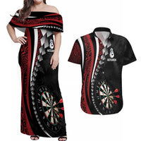 Personalized New Zealand Darts Couples Matching Off Shoulder Maxi Dress and Hawaiian Shirt Kowhaiwhai Whero Koiri - Manaia LT7 Red - Polynesian Pride