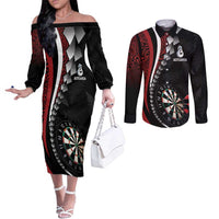 Personalized New Zealand Darts Couples Matching Off The Shoulder Long Sleeve Dress and Long Sleeve Button Shirt Kowhaiwhai Whero Koiri - Manaia LT7 Red - Polynesian Pride