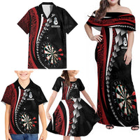 Personalized New Zealand Darts Family Matching Off Shoulder Maxi Dress and Hawaiian Shirt Kowhaiwhai Whero Koiri - Manaia LT7 - Polynesian Pride