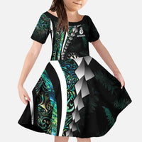 Personalized New Zealand Darts Family Matching Off The Shoulder Long Sleeve Dress and Hawaiian Shirt Paua Shell Koiri - Manaia LT7 Daughter's Dress Green - Polynesian Pride