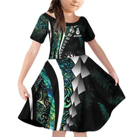Personalized New Zealand Darts Family Matching Off Shoulder Short Dress and Hawaiian Shirt Paua Shell Koiri - Manaia LT7 Daughter's Dress Green - Polynesian Pride