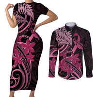 Aotearoa Maori Couples Matching Short Sleeve Bodycon Dress and Long Sleeve Button Shirt Pink Fern Ribbons on Black LT7 Black - Polynesian Pride