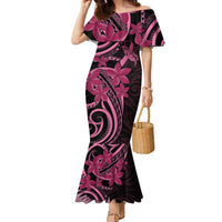 Aotearoa Maori Family Matching Mermaid Dress and Hawaiian Shirt Pink Fern Ribbons on Black LT7 Mom's Dress Black - Polynesian Pride
