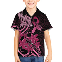 Aotearoa Maori Family Matching Off The Shoulder Long Sleeve Dress and Hawaiian Shirt Pink Fern Ribbons on Black - Polynesian Pride