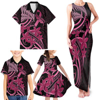 Aotearoa Maori Family Matching Tank Maxi Dress and Hawaiian Shirt Pink Fern Ribbons on Black LT7 - Polynesian Pride