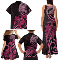 Aotearoa Maori Family Matching Tank Maxi Dress and Hawaiian Shirt Pink Fern Ribbons on Black LT7 - Polynesian Pride