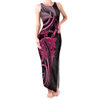 Aotearoa Maori Family Matching Tank Maxi Dress and Hawaiian Shirt Pink Fern Ribbons on Black LT7 Mom's Dress Black - Polynesian Pride