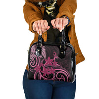 Aotearoa Maori Shoulder Handbag Pink Fern Ribbons on Black - Polynesian Pride