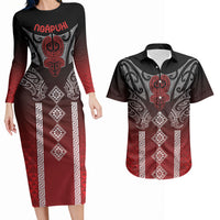 Aotearoa Maori Iwi Heritage Couples Matching Long Sleeve Bodycon Dress and Hawaiian Shirt Ngapuhi Kokowai LT7 Red - Polynesian Pride