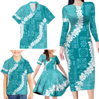 Hawaii Aloha Family Matching Long Sleeve Bodycon Dress and Hawaiian Shirt Teal Quilt Patch Work Mix Plumeria Lei LT7 - Polynesian Pride
