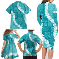 Hawaii Aloha Family Matching Long Sleeve Bodycon Dress and Hawaiian Shirt Teal Quilt Patch Work Mix Plumeria Lei LT7 - Polynesian Pride