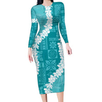 Hawaii Aloha Family Matching Long Sleeve Bodycon Dress and Hawaiian Shirt Teal Quilt Patch Work Mix Plumeria Lei LT7 Mom's Dress Teal - Polynesian Pride