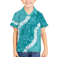 Hawaii Aloha Family Matching Long Sleeve Bodycon Dress and Hawaiian Shirt Teal Quilt Patch Work Mix Plumeria Lei LT7 Son's Shirt Teal - Polynesian Pride