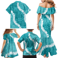 Hawaii Aloha Family Matching Mermaid Dress and Hawaiian Shirt Teal Quilt Patch Work Mix Plumeria Lei LT7 - Polynesian Pride
