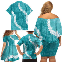 Hawaii Aloha Family Matching Off Shoulder Short Dress and Hawaiian Shirt Teal Quilt Patch Work Mix Plumeria Lei LT7 - Polynesian Pride