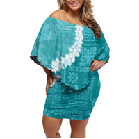 Hawaii Aloha Family Matching Off Shoulder Short Dress and Hawaiian Shirt Teal Quilt Patch Work Mix Plumeria Lei LT7 Mom's Dress Teal - Polynesian Pride