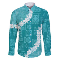 Hawaii Aloha Family Matching Short Sleeve Bodycon Dress and Hawaiian Shirt Teal Quilt Patch Work Mix Plumeria Lei LT7 Dad's Shirt - Long Sleeve Teal - Polynesian Pride