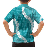 Hawaii Aloha Hawaiian Shirt Teal Quilt Patch Work Mix Plumeria Lei