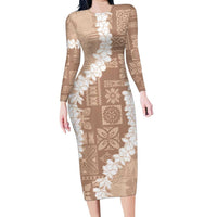 Hawaii Aloha Family Matching Long Sleeve Bodycon Dress and Hawaiian Shirt Beige Quilt Patch Work Mix Plumeria Lei LT7 Mom's Dress Beige - Polynesian Pride