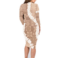 Hawaii Aloha Family Matching Long Sleeve Bodycon Dress and Hawaiian Shirt Beige Quilt Patch Work Mix Plumeria Lei LT7 - Polynesian Pride