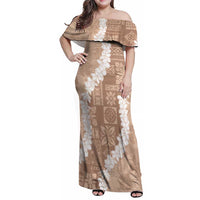 Hawaii Aloha Family Matching Off Shoulder Maxi Dress and Hawaiian Shirt Beige Quilt Patch Work Mix Plumeria Lei LT7 Mom's Dress Beige - Polynesian Pride
