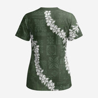 Hawaii Aloha Scrub Top Sage Quilt Patch Work Mix Plumeria Lei - Polynesian Pride