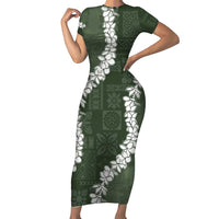 Hawaii Aloha Short Sleeve Bodycon Dress Sage Quilt Patch Work Mix Plumeria Lei LT7 Long Dress Sage - Polynesian Pride