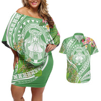 Aloha Molokai Island Couples Matching Off Shoulder Short Dress and Hawaiian Shirt Hawaii Pua Kukui