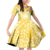 Aloha Hawaii Oahu Family Matching Off Shoulder Short Dress and Hawaiian Shirt Wahine with Ilima Lei LT7 Daughter's Dress Yellow - Polynesian Pride
