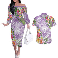 Aloha Hawaii Kauai Couples Matching Off The Shoulder Long Sleeve Dress and Hawaiian Shirt Frangipani Mix Mokihana Lei LT7 Purple - Polynesian Pride