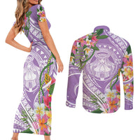 Aloha Hawaii Kauai Couples Matching Short Sleeve Bodycon Dress and Long Sleeve Button Shirt Frangipani Mix Mokihana Lei LT7 - Polynesian Pride
