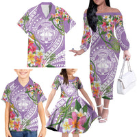 Aloha Hawaii Kauai Family Matching Off The Shoulder Long Sleeve Dress and Hawaiian Shirt Frangipani Mix Mokihana Lei LT7 Purple - Polynesian Pride