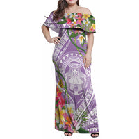 Aloha Hawaii Kauai Family Matching Off Shoulder Maxi Dress and Hawaiian Shirt Frangipani Mix Mokihana Lei LT7 Mom's Dress Purple - Polynesian Pride