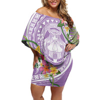 Aloha Hawaii Kauai Family Matching Off Shoulder Short Dress and Hawaiian Shirt Frangipani Mix Mokihana Lei LT7 Mom's Dress Purple - Polynesian Pride