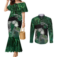 New Zealand Aroha Koe Mama Couples Matching Mermaid Dress and Long Sleeve Button Shirt Maori Hongi - Pounamu LT7 Green - Polynesian Pride
