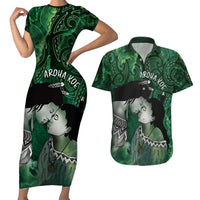 New Zealand Aroha Koe Mama Couples Matching Short Sleeve Bodycon Dress and Hawaiian Shirt Maori Hongi - Pounamu LT7 Green - Polynesian Pride